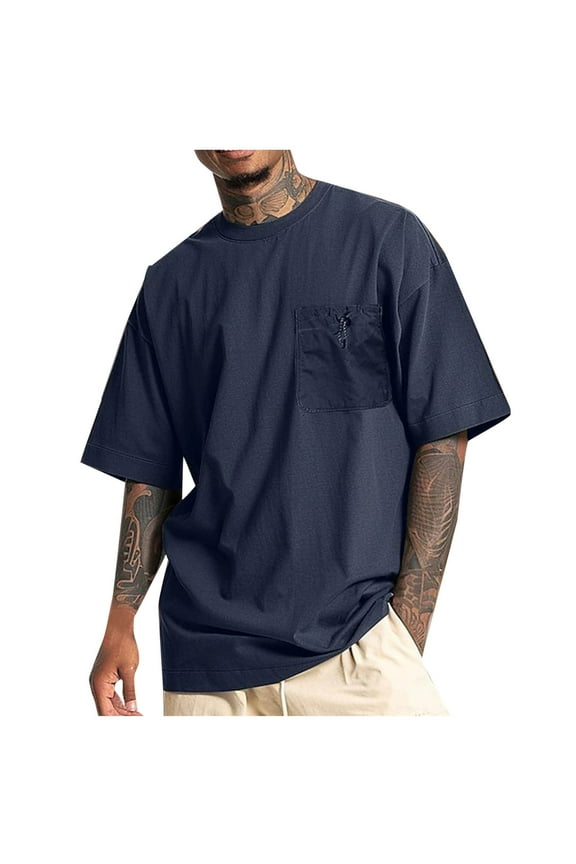 Fashion Men's Classic Pocket T-Shirt, Plus Size Summer Fashion Loose Casual Solid Men's Crewneck Tee, Soft Men's T-Shirt Navy L