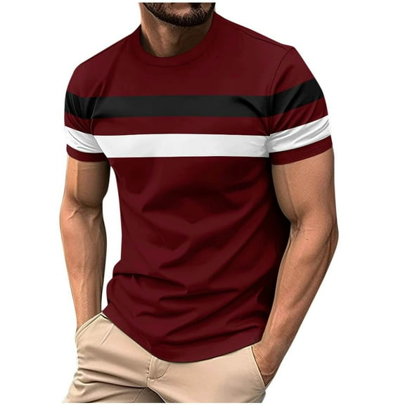 YLSDY Fashion Men's Color Block Short Sleeve Tee Shirts Casual Crewneck T Shirt Trendy Summer Tops Fashion Stripes Casual Tops Regular Fit Athletic Tees Wine XXL