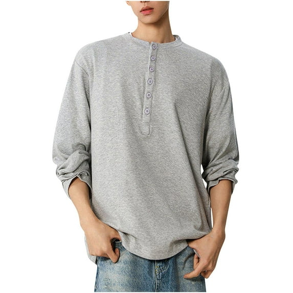 YLSDY Fashion Men's Henley Shirt Fall Long Sleeve T-Shirt Button Crew Neck Loose Solid Color Tshirt Summer Base Layer Shirts Gray XXL