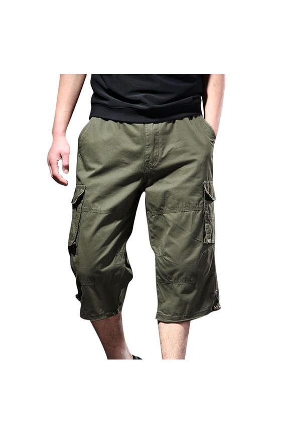 Fashion Men's Lightweight 3/4 Long Cargo Pants Cotton Elastic Waist Cargo Capris Multi-Pockets Capri Short Pant Army Green XL