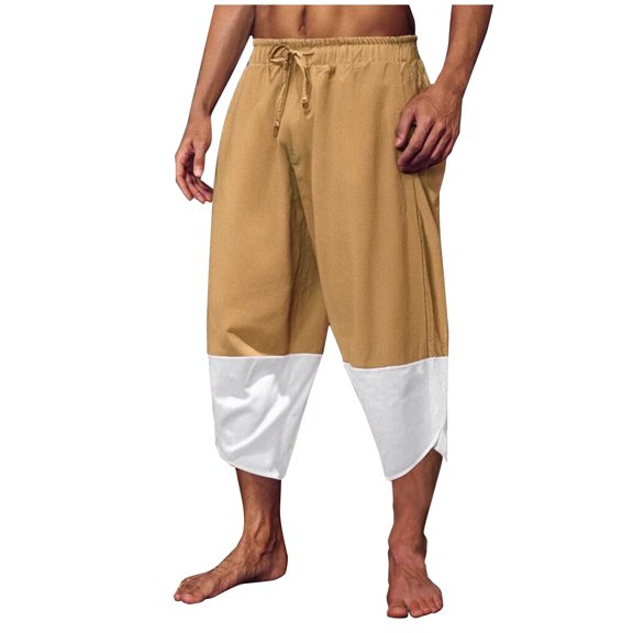 YLSDY Fashion Men's Linen Harem Capri Pants Color Block Lightweight 3/4 Shorts Drawstring Elastic Waist Casual Beach Yoga Trousers Khaki XXXXL