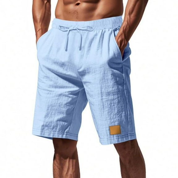 YLSDY Fashion Men's Linen Shorts Summer 2025 Fashion Elastic Waist Drawstring Summer Beach Shorts with Pockets Loose Lounge Pants Light Blue M