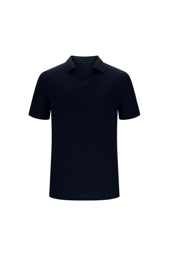 Fashion Men's Muscle V Neck Button Collared Shirts Slim Fit Short Sleeve V Neck Texture Golf T-Shirts Ribbed Knit Breathable Soft Tees Navy S