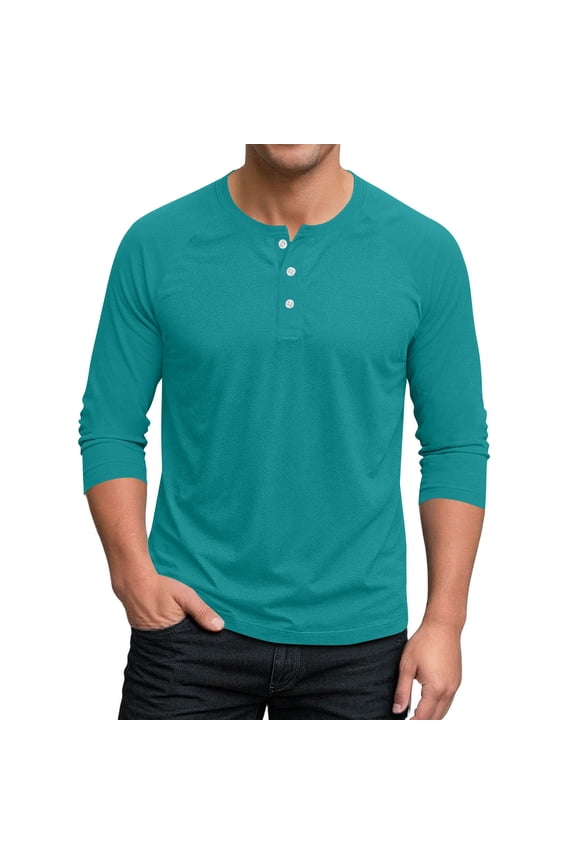 Fashion Men's Shirts Casual Fall 3/4 Length Sleeve Fashion Crewneck Button Pullover Tops Solid Color Loose Regular T Shirt Sky Blue XXXL