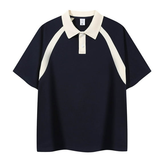 YLSDY Fashion Men's Short Sleeve Button Collared Shirt Loose Drop Shoulder Lapel T-Shirt Lightweight Relaxed Fit Casual Classic Basic Tee Navy S