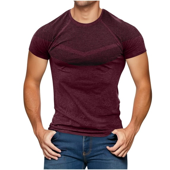 YLSDY Fashion Men's Short Sleeve T-Shirts Solid Color Basic Tees Shirts Summer Mesh Tshirts Breathable Sports Tops Wine XXXL