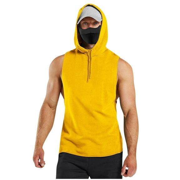 YLSDY Fashion Men's Sleeveless Hooded Tank Tops Cotton Muscle Gym Athletic Workout Tanks Heavy Soft Gym T-Shirts for Sports Yellow M