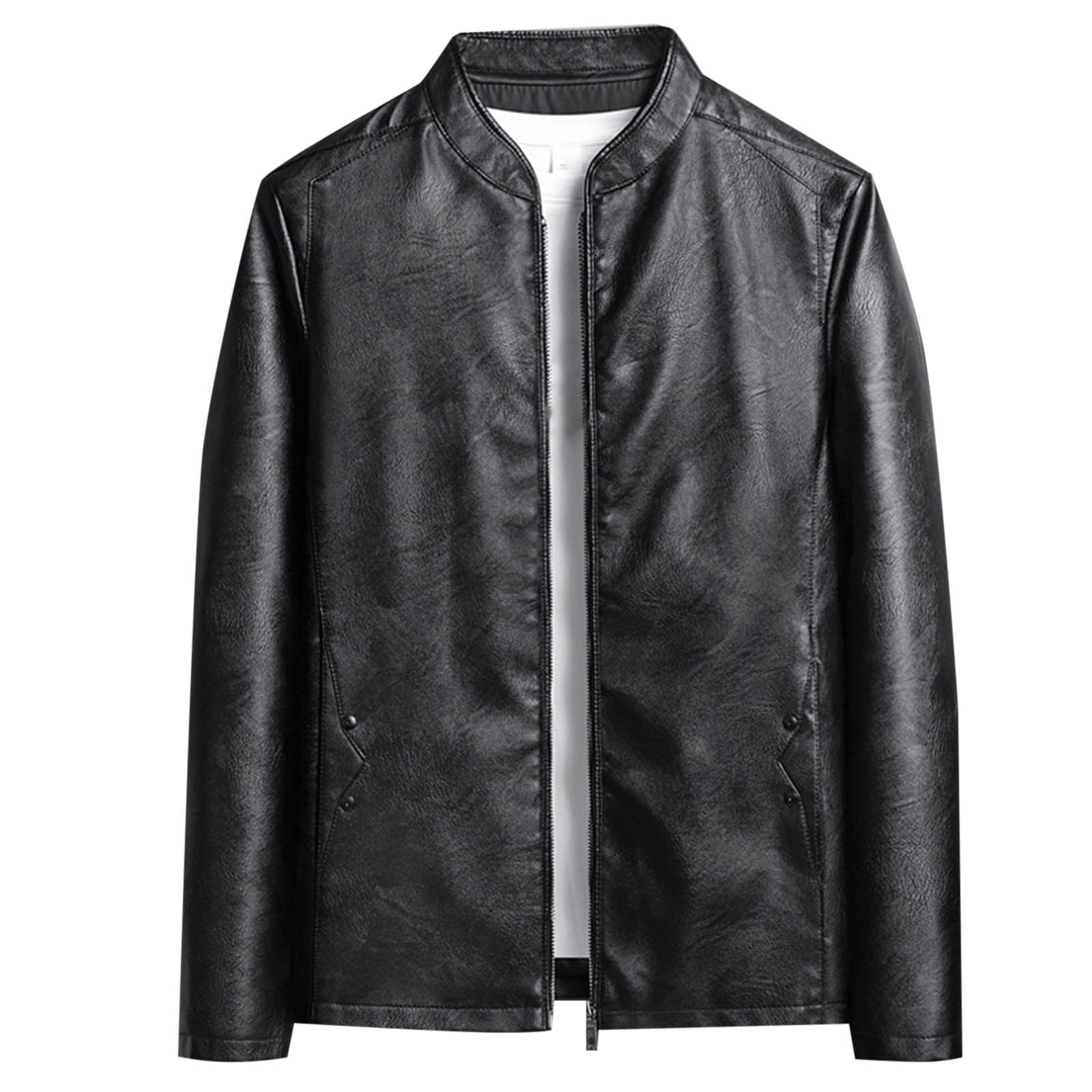 YLSDY Fashion Men's Stand Collar Leather Jacket with Pockets Business Casual Slim Fit Work Coat Plus Size Faux Leather Jacket Black XXL