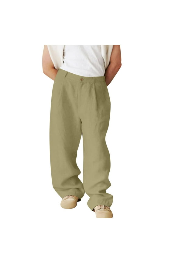 Fashion Men's Straight Leg Linen Dress Pants Loose Elastic Waist Business Casual Lightweight Sweatpants with Pockets Green S