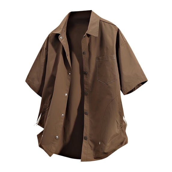 YLSDY Fashion Men's Summer Loose Button Down Shirt Short Sleeve Casual Cardigans Lapel Beach Shirts with Pockets Brown L