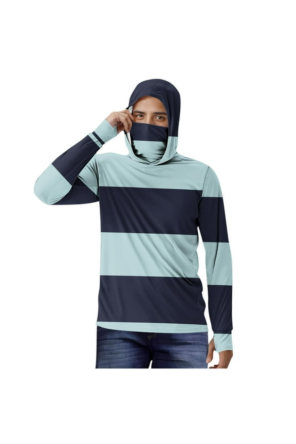 Fashion Men's Sun Protection Hoodie Shirt with Face Mask Neck Gaiter Thumb Hole Striped Color Block Rash Guard Big&Tall Light Blue XXXXXL