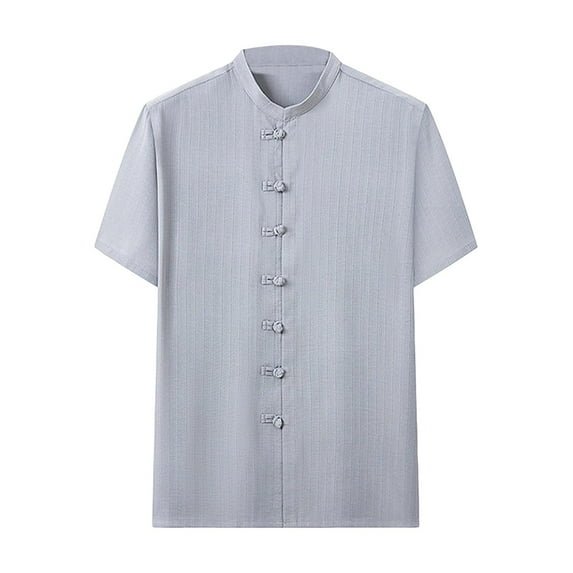YLSDY Fashion Men's Vintage Button Down Shirt Stand Collar Short Sleeve T-Shirts Stylish with Multi Pockets Business Casual Dress Work Shirts Gray XXXL