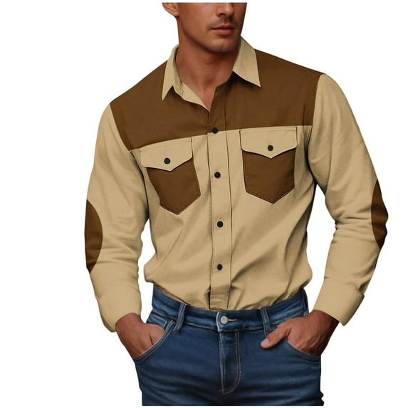 YLSDY Fashion Men's Western Style Color Block Cargo Shirts Loose Fit Casual Long Sleeve Button Down Lapel Business Work Shirts Coffee L
