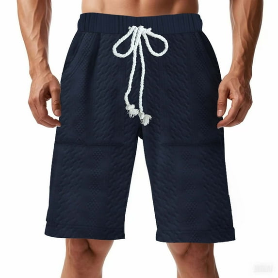 YLSDY Fashion Mens Casual Loose Shorts Drawstring Elastic Waist Knitted Jacquard Solid Color Straight Leg Workout Bermuda Shorts Navy M