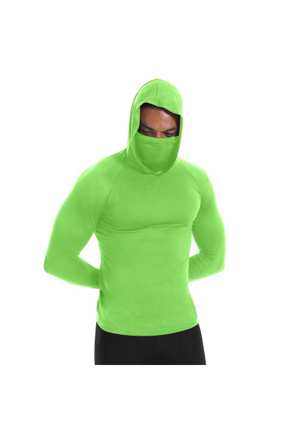 Fashion Mens Compression Thermal Shirts Hoodie with Mask Long Sleeve Winter Sports Base Layer Top Active Running Sun Shirt Mint Green L