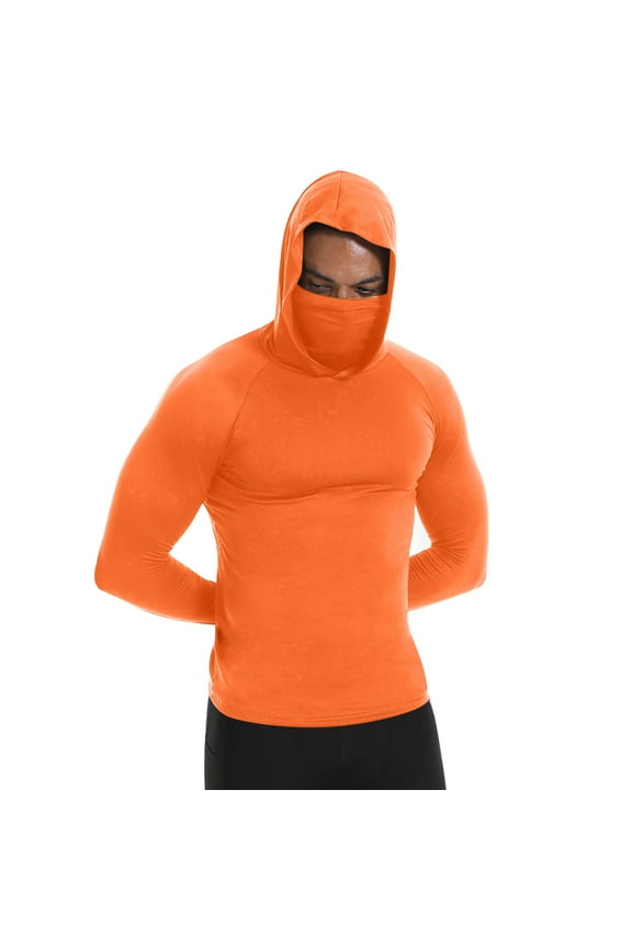 Fashion Mens Compression Thermal Shirts Hoodie with Mask Long Sleeve Winter Sports Base Layer Top Active Running Sun Shirt Orange L