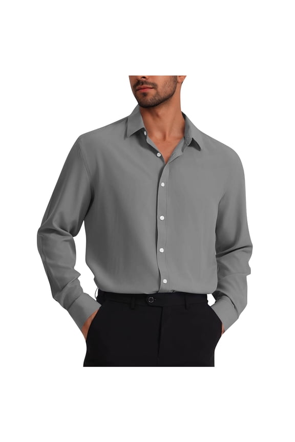 Fashion Mens Dress Shirts Long Sleeve Button Down Collar Shirts Lightweight Regular Fit Wrinkle Free Work Business Shirt 2025 Gray XXXL