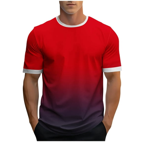 YLSDY Fashion Mens Gradient T-Shirts 2025 Round Neck Short Sleeve Tops Casual Summer Breathable Tee Shirts Fashion Basic T Shirts for Men Red XXXL