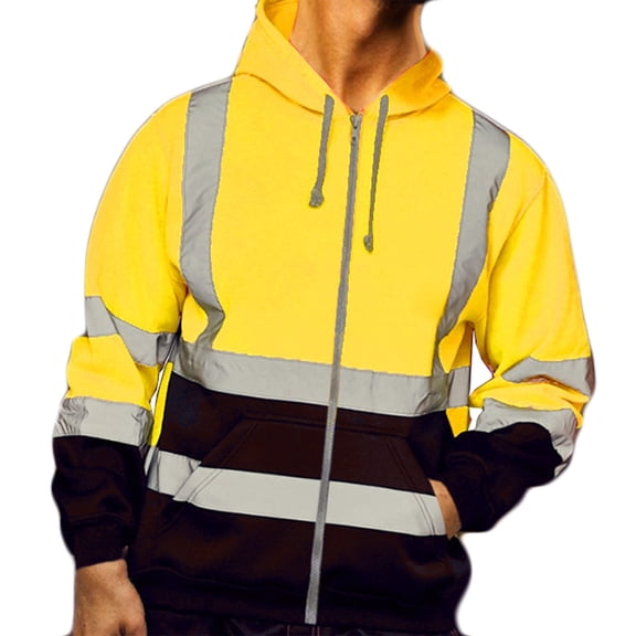 YLSDY Fashion Mens High Visibility Hoodie Class 3 Reflective Safety Jackets Rain Coat Hi Vis Hooded Sweatshirts Work Windbreakers Yellow L