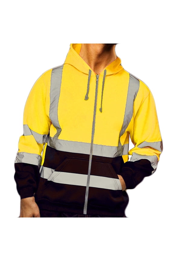 Fashion Mens High Visibility Hoodie Class 3 Reflective Safety Jackets Rain Coat Hi Vis Hooded Sweatshirts Work Windbreakers Yellow L