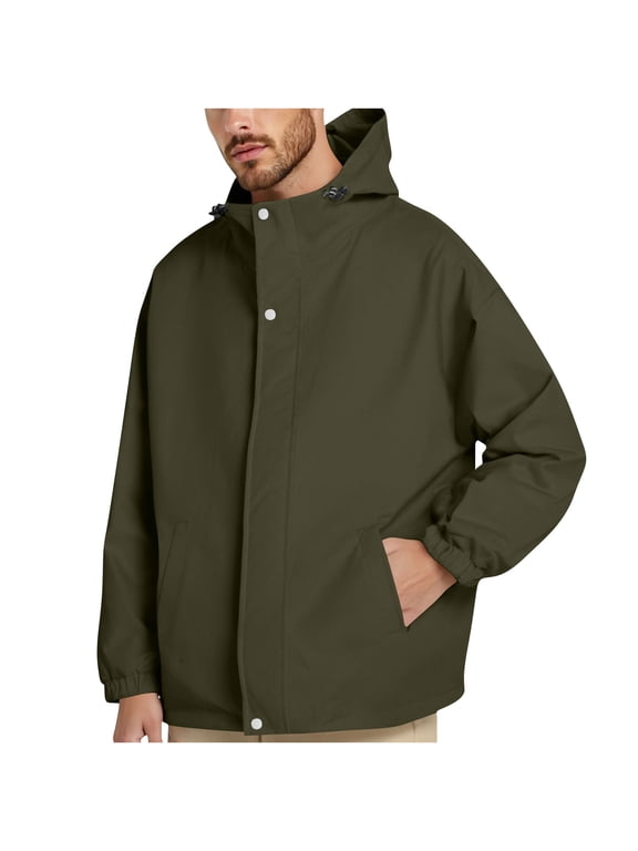 Fashion Mens Lightweight Waterproof Windbreaker Jacket Hiking Coat Stretch Cuff Liner Pocket Insulated Camping Coat for Men Army Green M