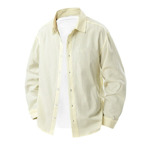 YLSDY Fashion Mens Long Sleeve Formal Shirt Summer Button Down Striped Tops Casual Cotton Business Beach Wedding Dress Shirts Yellow XL