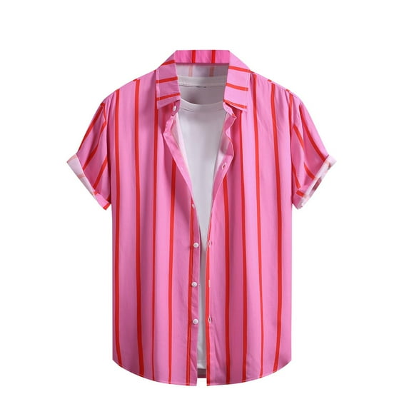 YLSDY Fashion Mens Shirts Summer Casual Short Sleeve Striped Hawaiian Tee Shirt Loose Fit Vacation Beach Button Down Henley Shirts Pink M