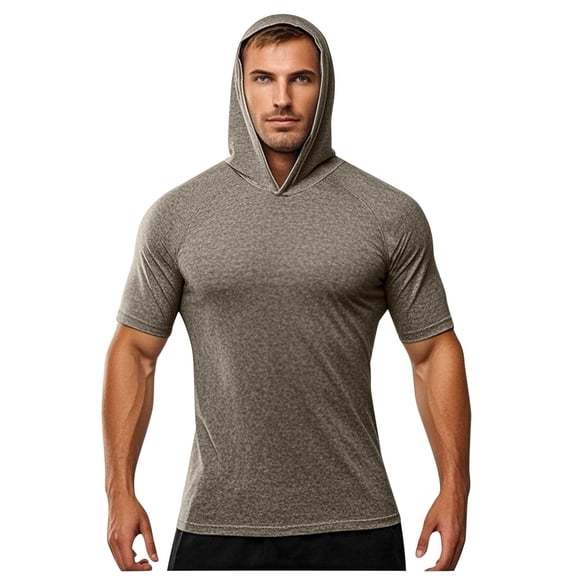 YLSDY Fashion Mens Short Sleeve Hoodie Athletic Shirts Quick Dry Workout Gym Hooded Tops Summer Sun Protection Running Pullover Tees Khaki L