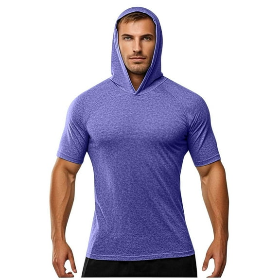 YLSDY Fashion Mens Short Sleeve Hoodie Athletic Shirts Quick Dry Workout Gym Hooded Tops Summer Sun Protection Running Pullover Tees Purple M