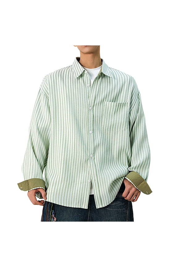 Fashion Mens Striped Button Down Shirt Collar Long Sleeve Shirts 2025 Trendy Casual Loose Color Block Blouse Tops with Pocket Green XXXL