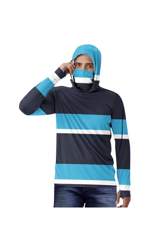 Fashion Mens Sun Protection Hoodie Shirt Fishing Sun Striped Shirts with Face Mask Long Sleeve UPF 50+ Light Quick Dry Hooded Blue L