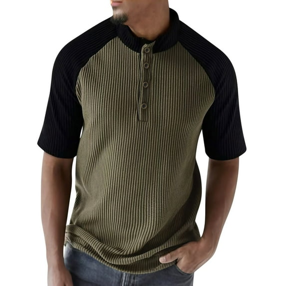 YLSDY Fashion Mens T-Shirts Casual Loose Stand Collar Buttons Raglan Short Sleeved T Shirt with Sleeve Matching Color Army Green XXL