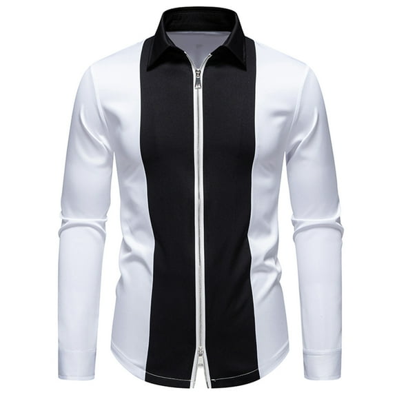 YLSDY Fashion Mens Tops Color Block Loose Fit Blouse for Man Long Sleeve High Neck Faux Satin Formal Summer Fall Shirts 2025 White L