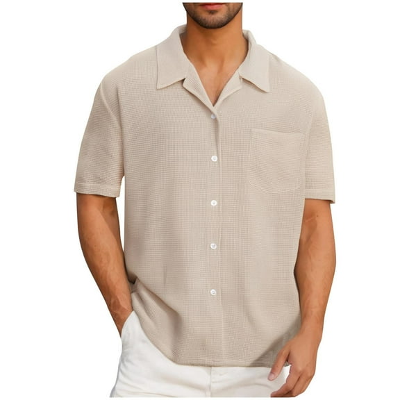YLSDY Fashion Mens Waffle Shirt 2025 Short Sleeve Casual Button Down Shirts Summer Beach Vacation Tops Solid Color Blouse with Pocket Khaki L