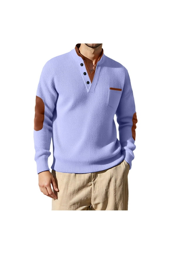 Fashion Mens Waffle Sweatshirt with Elbow Patches Long Sleeve Stand Collar 1/4 Button Up Pullover Tops Retro with Chest Pocket Purple XL