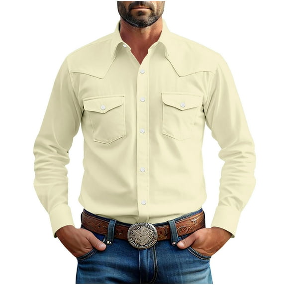 YLSDY Fashion Mens Western Cowboy Shirts Button Up Shirts Vintage Collared Long Sleeve Work Shirts for Men with Two Pockets Beige XXXL