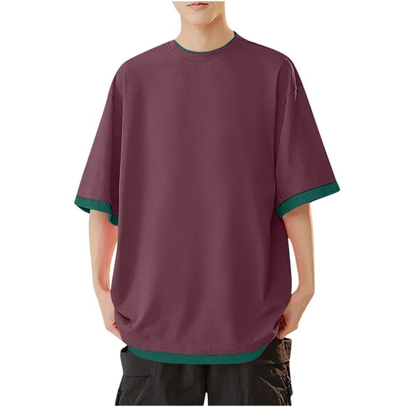 YLSDY Deals Summer Tops for Men 2025,Mens Loose Casual Round Neck Vacation Shirts Plain Blouses Short Sleeve Business Shirts Purple XXXXXL