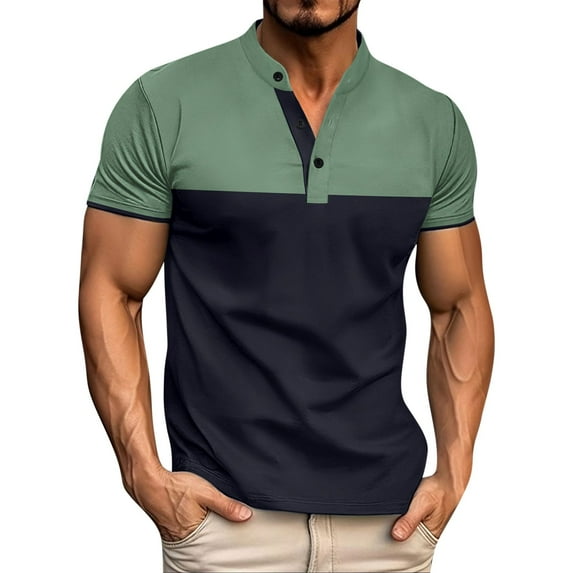 YLSDY Fashion T-Shirts for Men Color Block Short Sleeve Quarter Zipper Button Collared Shirt Summer Causal Stylish Gym Workout Pullover Army Green XXL