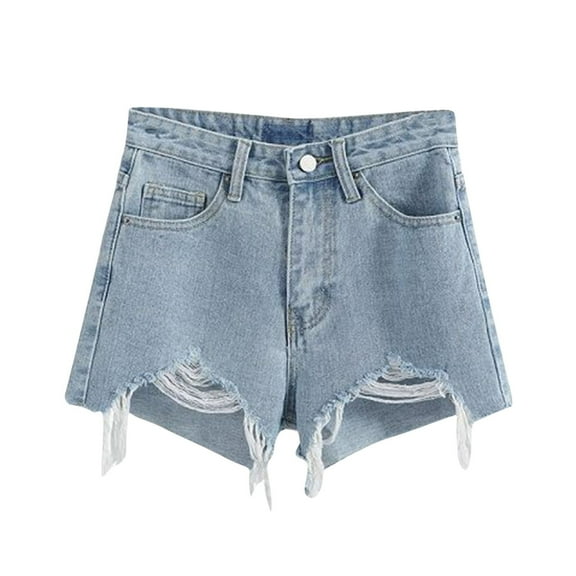 YLSDY Fashion Women's Ripped Denim Shorts High Waist Distressed Jean Shorts Casual Rolled Hem Frayed Short Jeans with Pockets Irregularity Rough Selvedge Euryscelia Denim Shorts Light Blue M