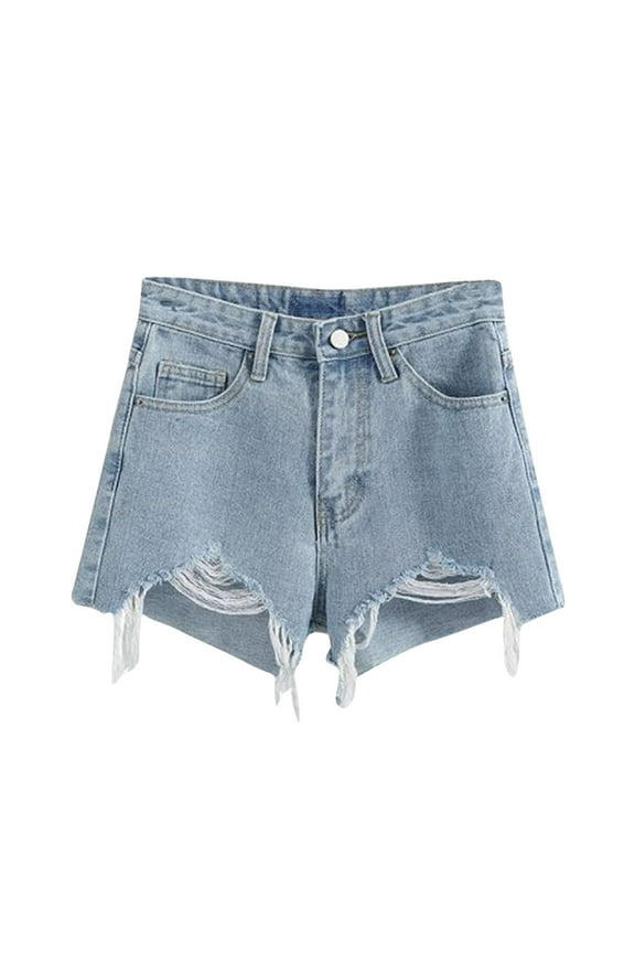 Fashion Women's Ripped Denim Shorts High Waist Distressed Jean Shorts Casual Rolled Hem Frayed Short Jeans with Pockets Irregularity Rough Selvedge Euryscelia Denim Shorts Light Blue S