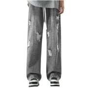 YLSDY Drawstring Waisted Baggy Jeans for Men Ripped Fashion Y2k Irregular Sutures Streetwear Straight Leg Jeans Plus Size Denim Pants Gray L