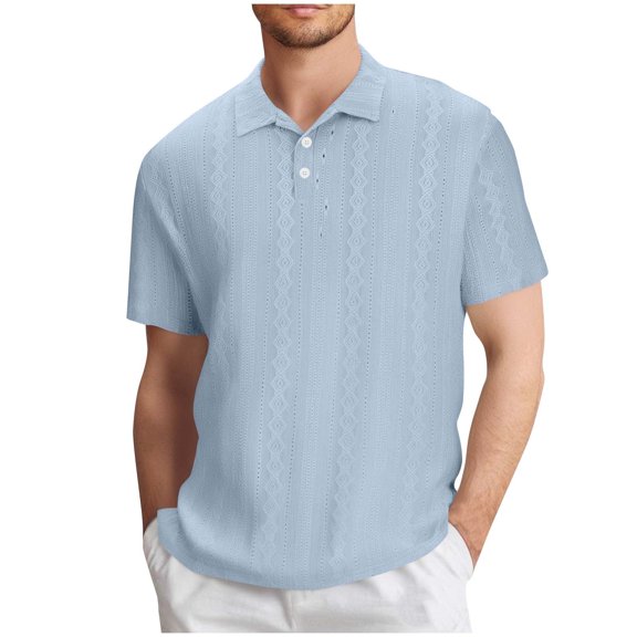 YLSDY Eyelet Button Collared Shirts for Men Short Sleeve T-Shirts Golf Button Collareds Summer Beach Casual Solid Color Blouse Tops Sky Blue L