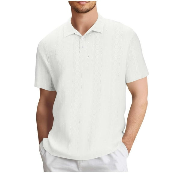 YLSDY Eyelet Button Collared Shirts for Men Short Sleeve T-Shirts Golf Button Collareds Summer Beach Casual Solid Color Blouse Tops White L
