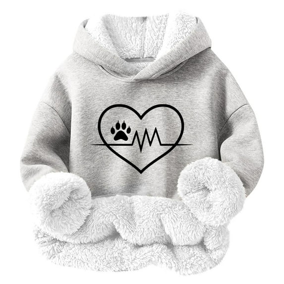 YLSDY Fashion Girls Lamb Fleece Cute Love Dog Paw Print Hoodless Sweatshirt Trendy Cotton Plus Velvet Thickened Pullover 2-12 Years Tops Gray 6 Years