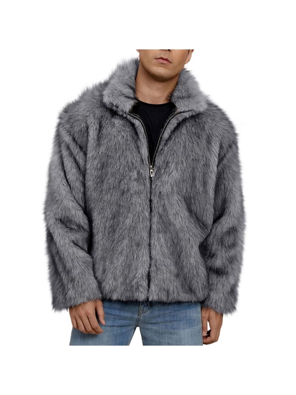 Faux Fur Coat for Men Winter Comfy Zip Up Long Sleeve Turtleneck Jacket Trendy Shaggy Furry Comfort Outerwear 2025 Gray XL