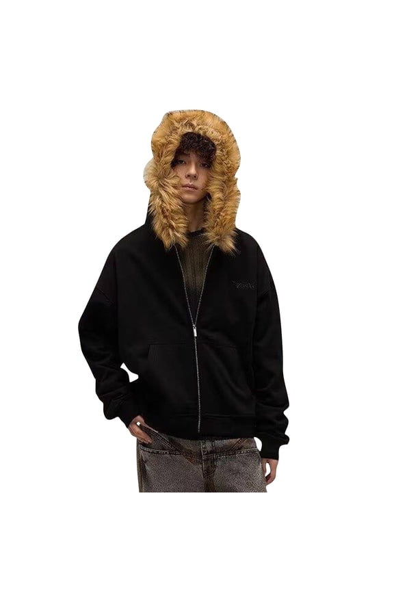 Faux Fur Hood Jacket Y2k Goth Zip Up Hoodie Oversized Graphic Sweatshirt Trendy Grunge Streetwear Fall Winter 2025 Black XXXL