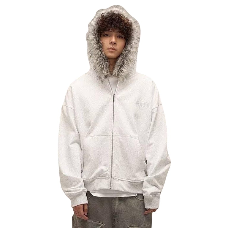 YLSDY Faux Fur Hood Jacket Y2k Goth Zip Up Hoodie Oversized
