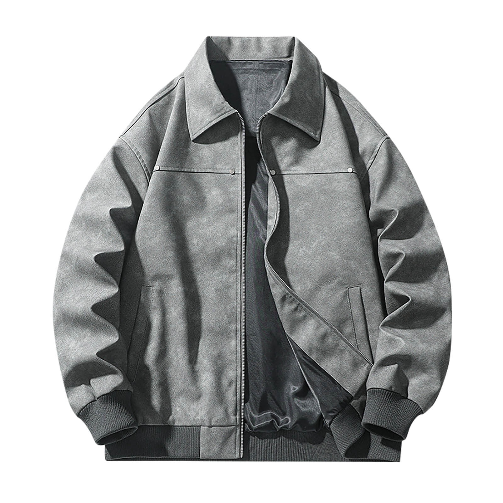 YLSDY Faux Leather Jacket for Men Casual Long Sleeve Turn-Down Collar Coat Vintage Zip-Up Loose Fit Outerwear with Pockets Gray XL