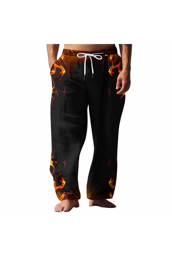 Flame Graphic Men's Pajama Pants Soft Lounge Pj Pant Sleepwear Bottoms Straight-Fit Fashion Cotton Drawstring Sweatpants Yellow L