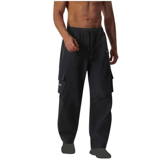 YLSDY Flat Pocket Parachute Pants for Men Casual Baggy Cargo Pants Unisex Street Y2K Pants Drawstring Trouser Black L
